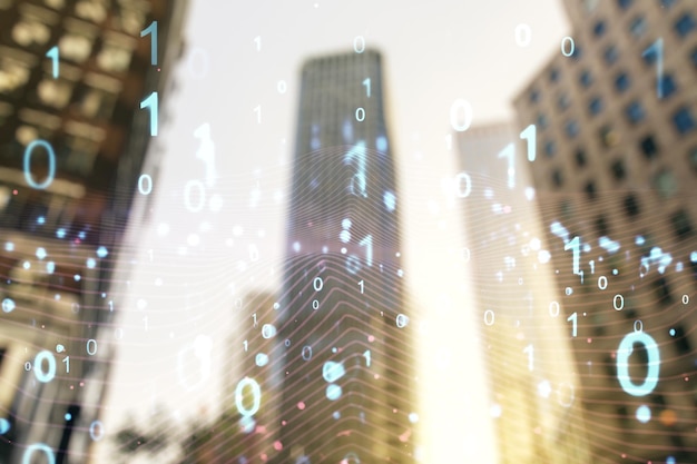 Abstract virtual binary code illustration on office buildings background Big data and coding concept Multiexposure