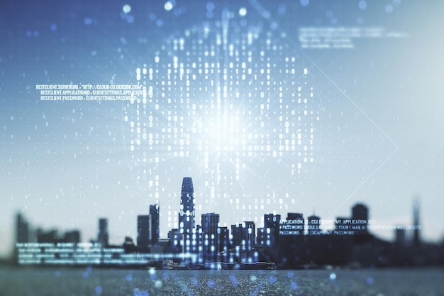 abstract virtual code skull illustration on san francisco skyline background hacking and phishing concept multiexposure