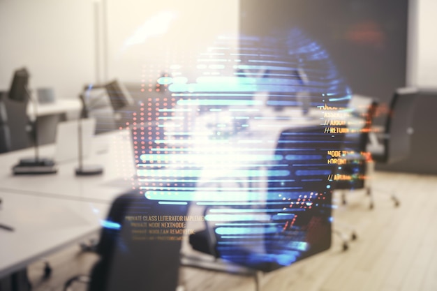 Abstract virtual coding concept and world map hologram on a modern furnished office background Multiexposure
