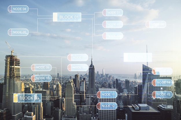 Abstract virtual coding concept on New York city skyline background Multiexposure