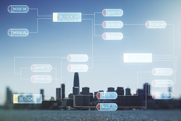 Abstract virtual coding concept on San Francisco skyline background Multiexposure