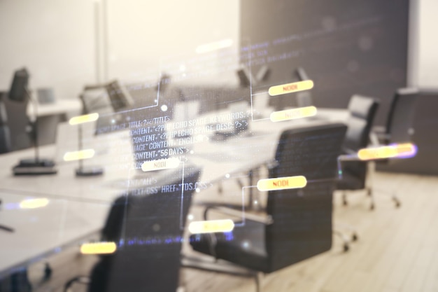 Abstract virtual coding illustration on a modern furnished classroom background software development concept Multiexposure