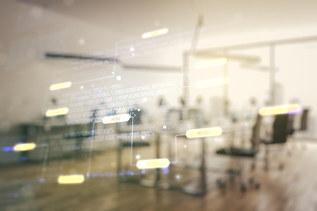 Abstract virtual coding illustration on a modern furnished classroom background software development concept Multiexposure