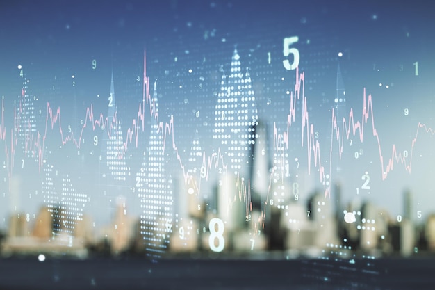 Abstract virtual financial graph hologram on blurry skyline background forex and investment concept Multiexposure