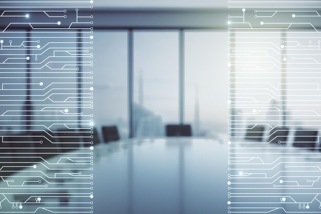 abstract virtual micro chip hologram on a modern coworking room background artificial intelligence and machine learning concept multi exposure