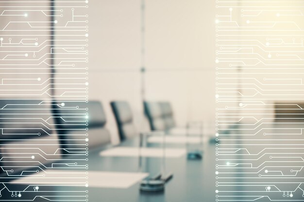 abstract virtual micro circuit sketch on a modern boardroom background future technology and ai concept double exposure