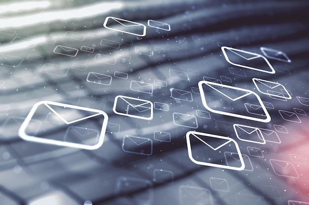 Abstract virtual postal envelopes illustration on blurry abstract metal background Email and communications concept Multiexposure