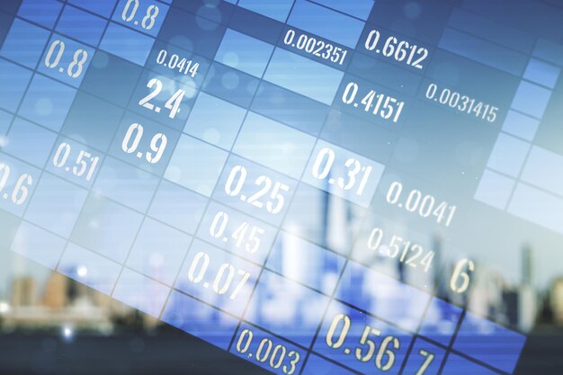 Abstract virtual stats data hologram on blurry skyline background Multiexposure