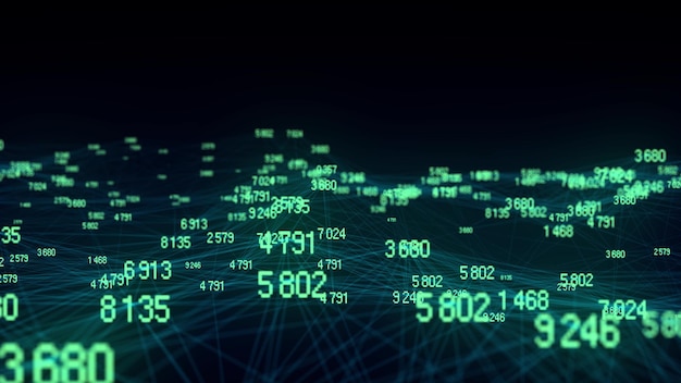 Abstract wave of dots and lines Digital stream binary code green matrix Blockchain concept and data transfer system Programming coding hacking Network connection 3d rendering