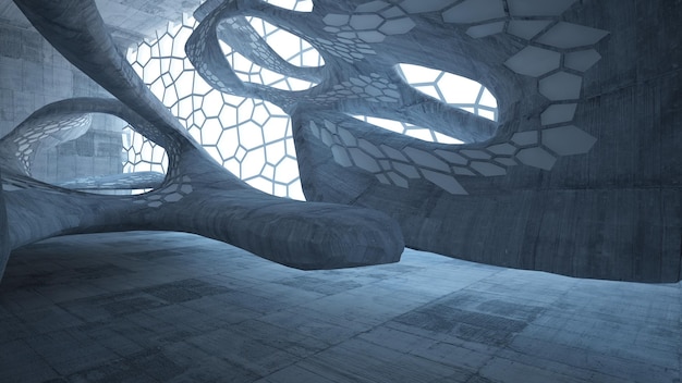 Abstract white and brown concrete parametric interior with window 3D illustration and rendering