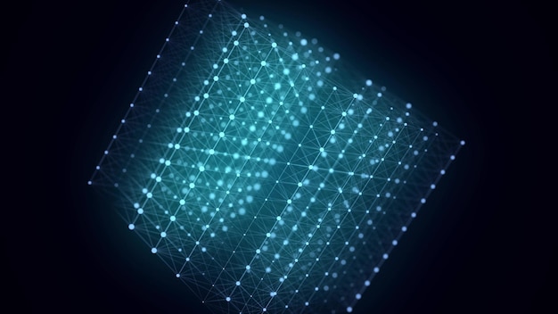 Abstract wireframe cube Network connection structure Digital blockchain concept Futuristic blue background with dots and lines 3D rendering