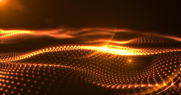 Abstract yellow orange glowing waves from particles and dots energy magical futuristic hitech