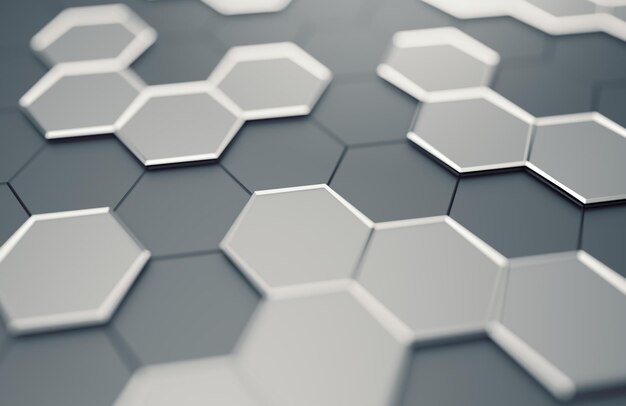 Abstrakti 3D-renderöinti futuristisesta pinnasta kuusikulmioilla. Nykyaikainen scifi-tausta bokeh-efektillä. Julistesuunnittelu