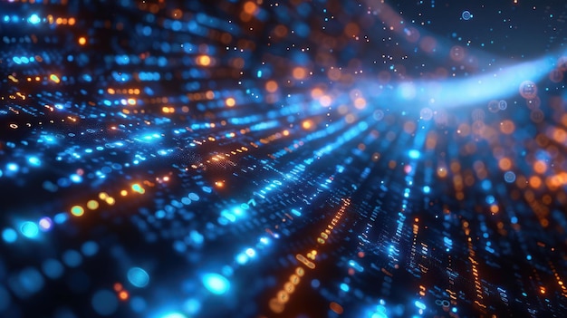 Abstrakti digitaalinen datavirta hehkuvilla sinisillä ja oransseilla valoilla