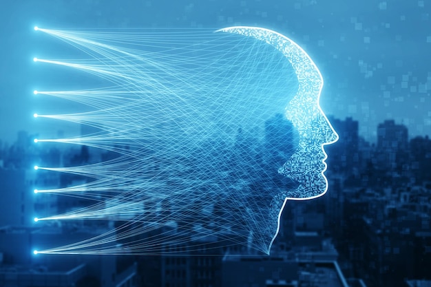 Abstrakti digitaalinen pää hologrammi linjayhteyksillä sumealla kaupunkitaustalla Kyborgi ja virtuaalisen älykkyyden konsepti Kaksoisvalotus