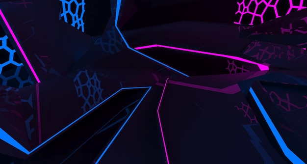 Abstrakti futuristinen betoni SciFi-sisustus vaaleanpunaisilla ja sinisillä hehkuvilla neonputkilla 3D
