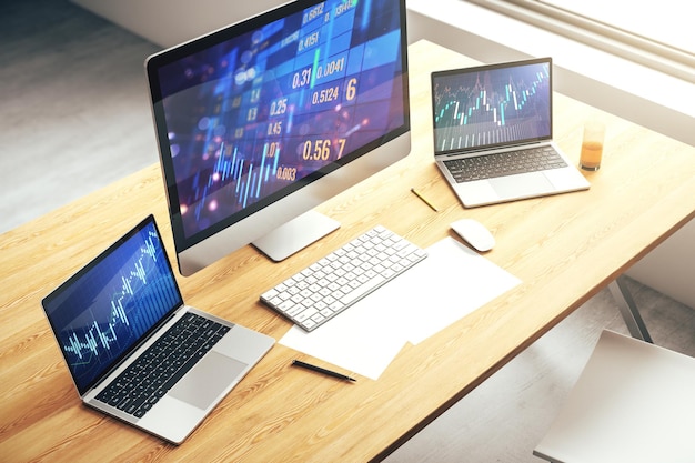 Abstrakti luova finanssigraafi modernissa kannettavan tietokoneen näytössä, forex- ja sijoituskonsepti, 3D-renderöinti