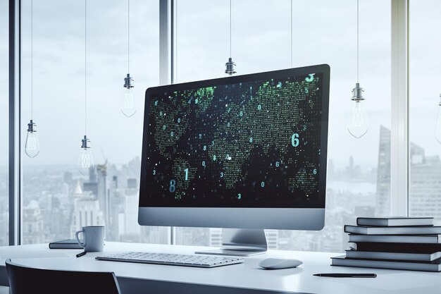 Abstrakti luova koodauskonsepti maailmankartalla modernissa kannettavan tietokoneen näytössä, 3D-renderöinti