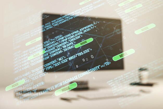 Abstrakti luova koodauskonsepti modernilla kannettavan tietokoneen taustalla, monivalotus