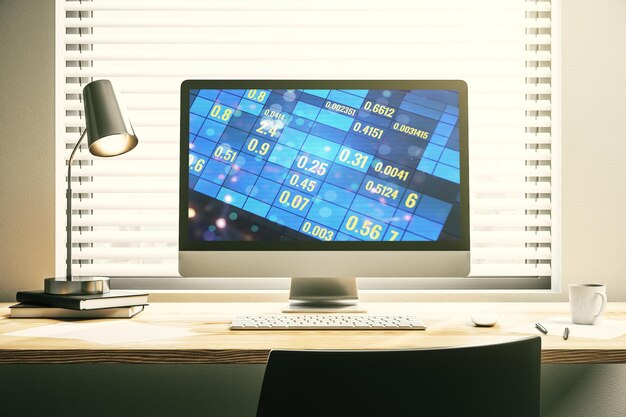 Abstrakti luova tilastotietojen hologrammi modernissa tietokonenäytössä, analytiikka- ja ennustuskonsepti, 3d-renderöidä