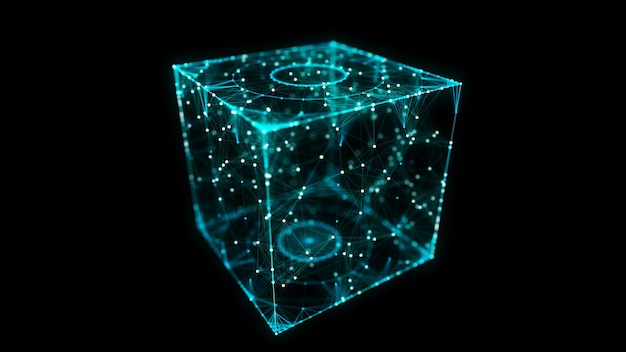 Abstrakti sininen kuutio mustalla taustalla. Wireframe-neliörakenne, jossa on hehkuvia hiukkasia ja viivoja. Futuristinen digitaalinen kuvitus, 3d-renderöidä.