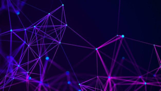 Abstrakti tausta liikkuvien pisteiden ja viivojen kanssa. Verkkoyhteysrakenne. Futuristinen kuvitus. Digitaalinen teknologian suunnittelu 3D-renderöinti