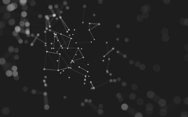 Abstrakti tausta. Molekyyliteknologia, jossa on monikulmaisia muotoja, yhdistäviä pisteitä ja viivoja. Yhteysrakenne. Suuren datan visualisointi.
