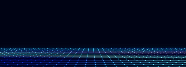 Abstrakti teknologia perspektiivi ruudukko Yksityiskohtainen lankaverkkomaisema viivoilla mustalla taustalla Digitaalinen tila verkolla 3D-renderöinti