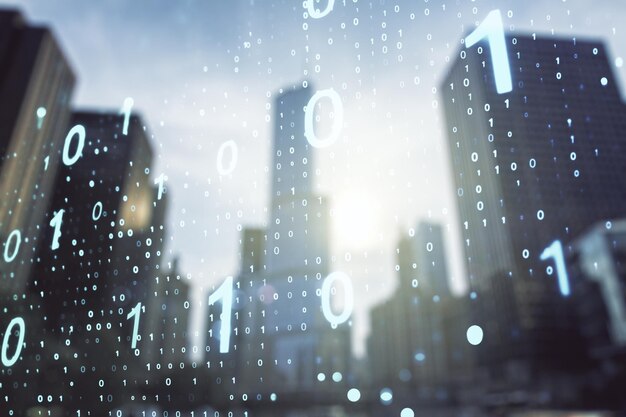 Abstrakti virtuaalinen binäärikoodiluonnos sumealla kaupunkikuvan taustalla hakkerointi- ja matriisikonsepti Multiexposure