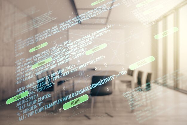 Abstrakti virtuaalinen koodauskuvio modernin coworking-huoneen taustalla, ohjelmistokehityksen konsepti, useita valotuksia