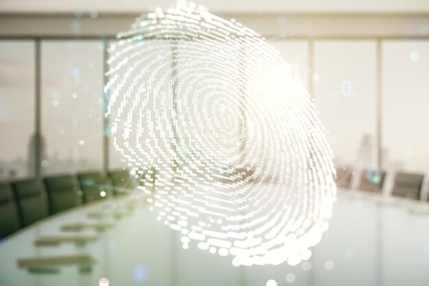 Abstrakti virtuaalinen sormenjälkikuvitus modernin coworking-huoneen taustalla, henkilökohtaisen biometrisen tiedon konsepti, monivalotus