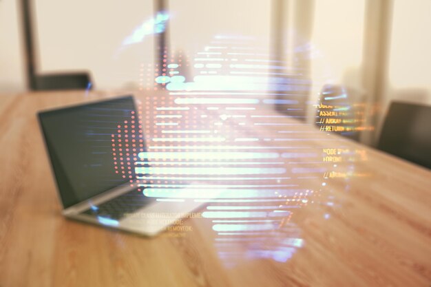 Abstraktin ohjelmointikielen hologrammin monivalotus maailmankartalla tietokoneen taustalla, tekoäly- ja neuroverkostokonsepti
