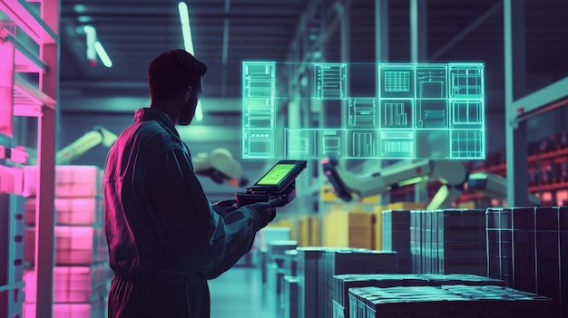 Advanced Factory Automation A Worker Utilizing Holographic Interface for Inventory Management and Robotics Control in a Smart Warehouse