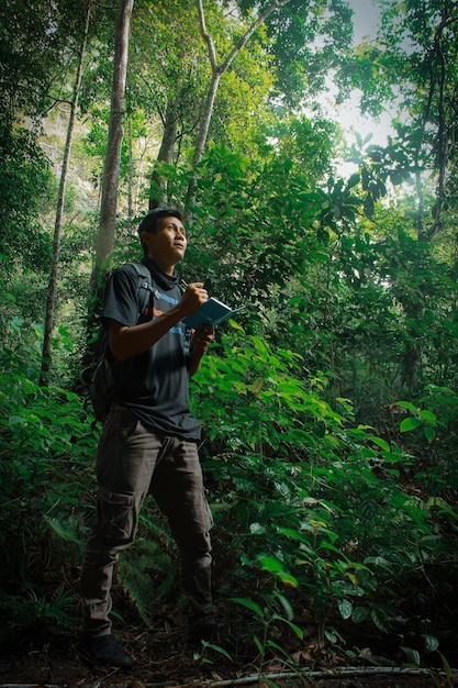 Adventurous men exploring the forest