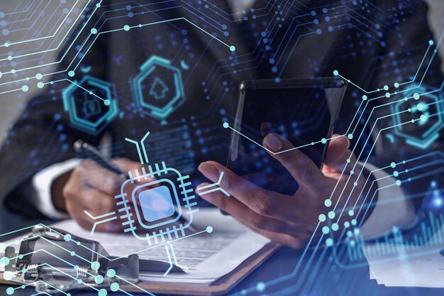 African American businesswoman is signing the contract to create a start up for the conference and gain investments for innovative service Checking the details at smartphone Hologram tech graphs