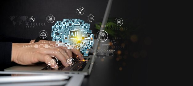 AI artificial intelligence big data internet of things IoTMan programmer software engineer using mobile smartphone by id touch on screen coding on laptop computer