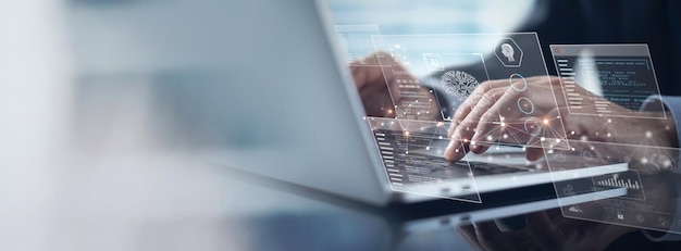 AI Artificial Intelligence Business man using AI technology for data analysis coding computer language with digital brain machine learning
