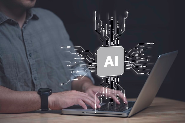 ai artificial intelligence data science information technology concept businessman touching on ai machine learning on virtual screen with big data computer code