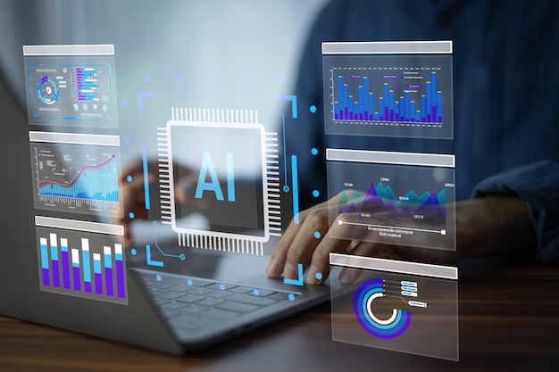 AI Artificial intelligence for data analytics A data scientist uses a laptop to analyze customer behavior data for AI web analytics and marketing prediction