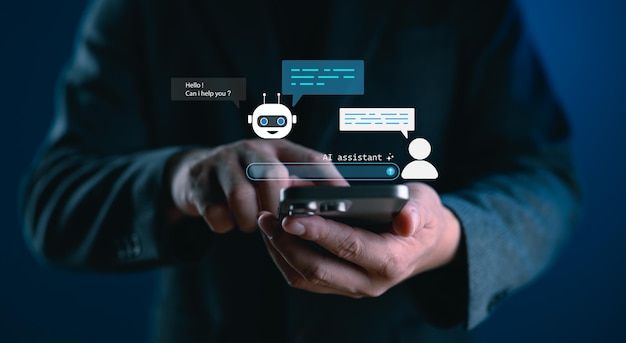 AI assistant chatbot concept showing smart virtual assistant responding to user via smartphone Ideal for customer support automation NLP AI interaction and digital service platforms