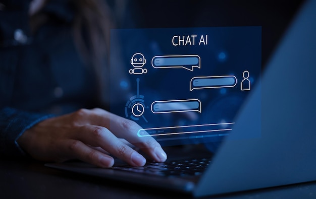 ai bot chat with customer blue background man use computer laptop chat with ai artificial intelli