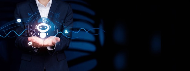 AI chat technology Businessman use smartphone with virtual screen of AI chatbot communicate