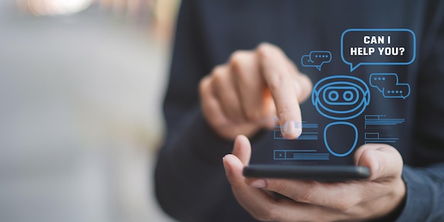 AI chat technology Businessman use smartphone with virtual screen of AI chatbot communicate