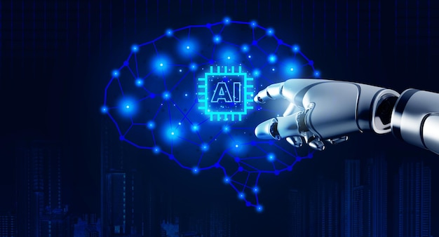 AI computer chip on digital artificial intelligence brain touching by 3d rendering robot hand on blue network background Future world with smart microprocessor for data service automated technology