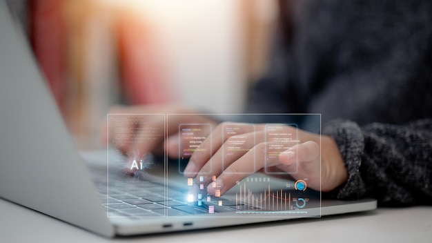 AI computing Artificial Intelligence for big data analytics Man working with Artificial Intelligence using command prompt to generate something Futuristic technology transformation