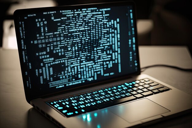 AI generated hacker laptop with binary computer code internet and network security