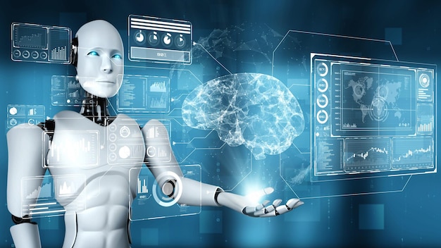 ai hominoid robot holding virtual hologram screen showing concept of ai brain