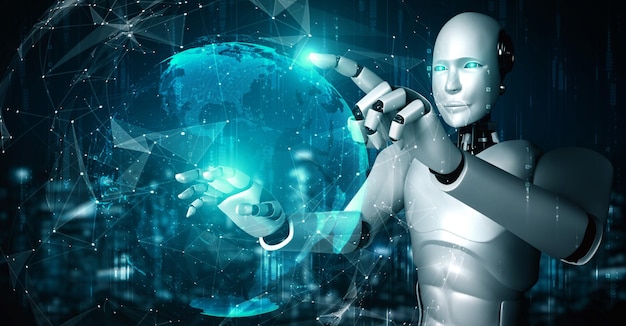 ai hominoid robot touching hologram screen shows concept of global communication