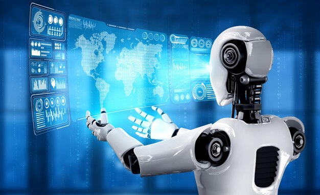 ai humanoid robot holding virtual hologram screen showing concept of big data