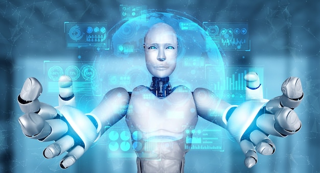 AI humanoid robot holding virtual hologram screen showing concept of big data